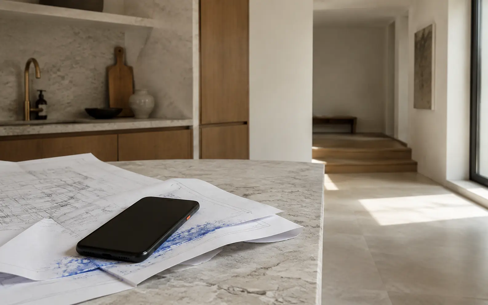 Un smartphone posé sur des plans dans une maison récemment rénovée.